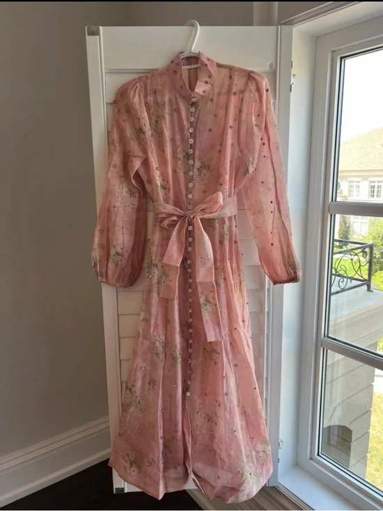 Pink Floral Tie-Waist Long Dress S/M - Picture 6 of 6